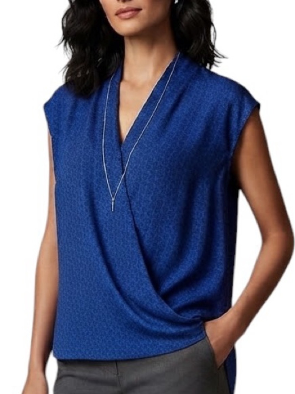 PLEIONE Royal Blue Geometric Print Hi Low Sleeveless Blouse M Preppy